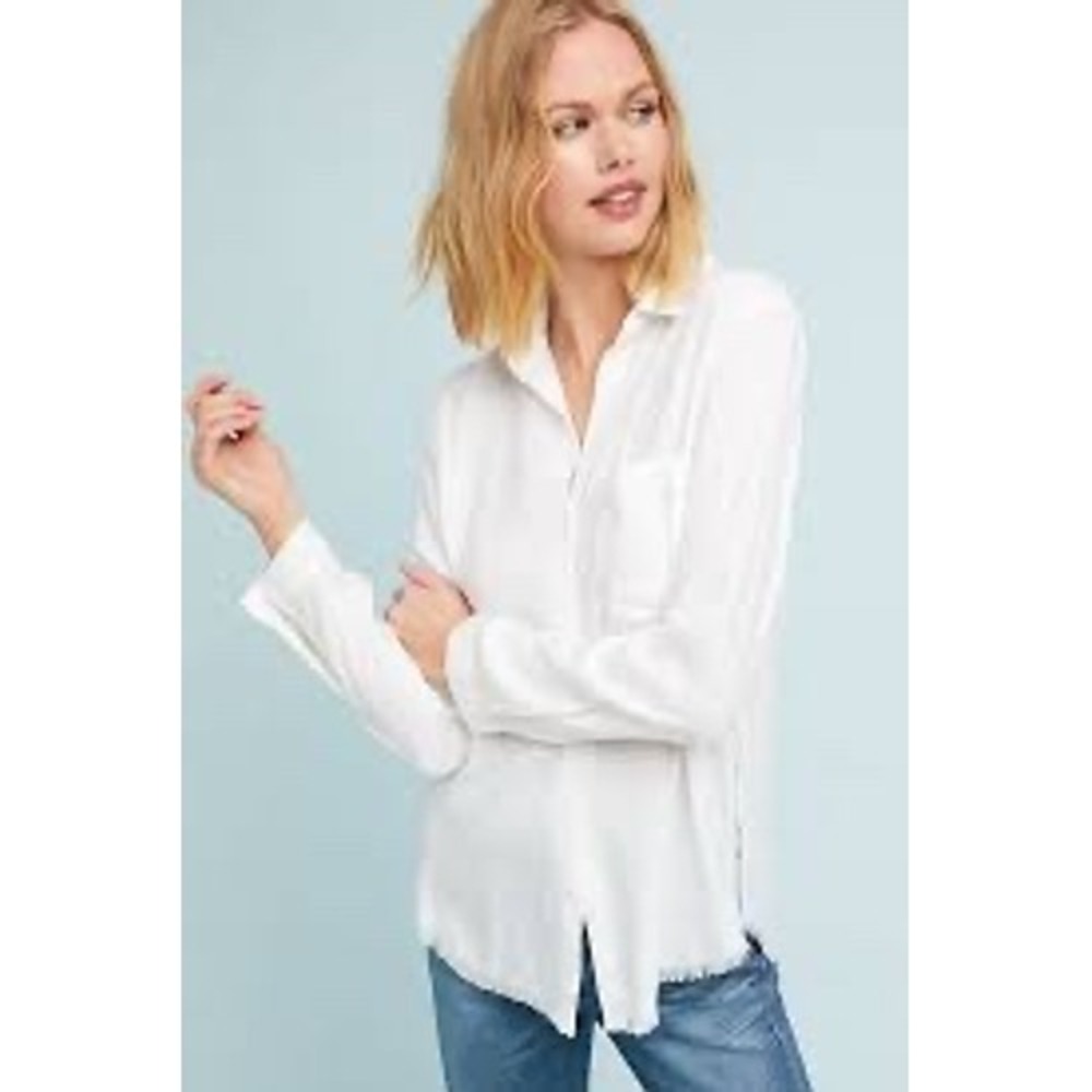 Cloth & Stone Button Down Shirt SZ S White EUC Linen Raw Hem Coastal Preppy Lux